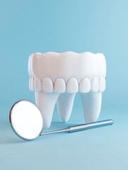 Tooth Model with Dental Mirror on Light Blue Background for Dentistry