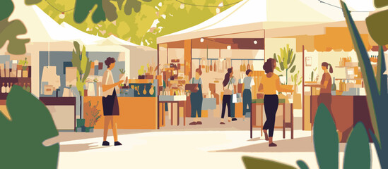 Sunny outdoor market with people shopping at various stalls selling food and goods