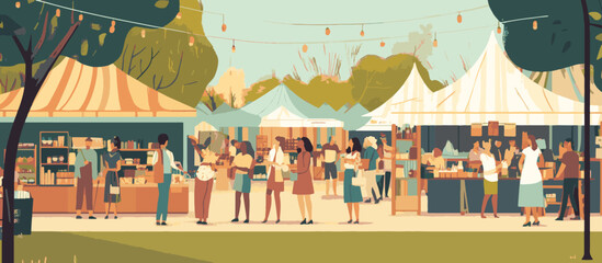 Diverse crowd enjoying an outdoor market with various food and craft stalls under tents and trees
