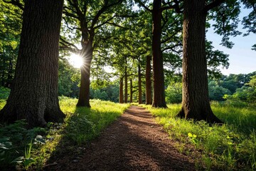 Fototapeta premium Sun shining through trees on a path in the forest