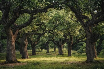 Fototapeta premium Majestic oak trees creating a natural archway in a lush green forest