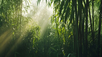 A lush green bamboo forest with sunlight streaming through the tall stalks
