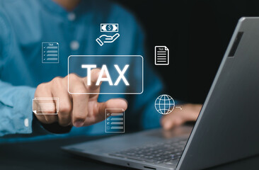 E-tax, Businessman show TAX for Individual income tax return form online for tax payment concept. Government, state taxes.Data analysis, paperwork, financial research, report Calculation tax return