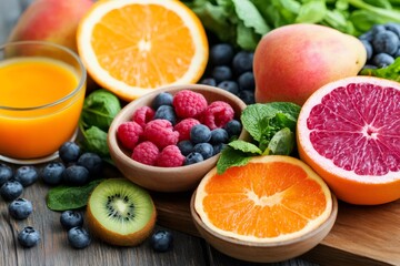 Fresh sliced citrus fruits, berries and juice promoting healthy eating habits