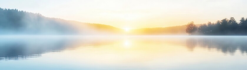 Obraz premium A serene lake landscape at sunrise, enveloped in mist and reflecting the vibrant colors of the sky. Perfect for nature lovers.