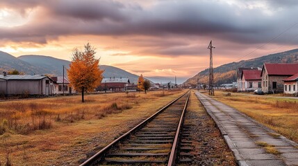 Fototapeta premium Scenic autumn sunset over a small village with train tracks leading towards mountains.