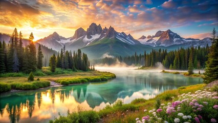 Obraz premium Serene Sunrise Over Misty River and Majestic Mountains, Reflecting in Calm Waters, Surrounded by Lush Greenery and Wildflowers