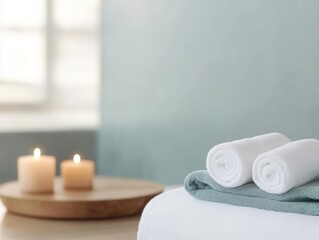 A serene spa atmosphere featuring rolled towels and candles, perfect for relaxation and wellness settings.