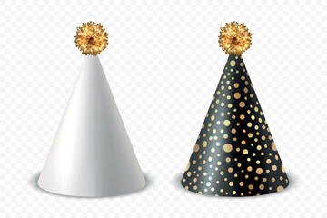 Vector 3d Realistic Birthday Party Hat Icon Set Isolated. Party Cap Design Template for Party Banner, Greeting Card. Holiday Hats, Cone Shape, Front View