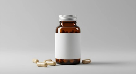 Isolated on white, a glass medicine bottle spills various pills, tablets, and capsules, representing healthcare and prescription medication for illness treatment