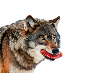 Obraz premium Wolf carries fresh meat in its mouth isolated on transparent background