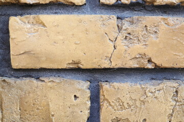 Brick wall background. Yellow brick texture. Rustic brick wall backdrop. Old brick surface. Vintage brick pattern.