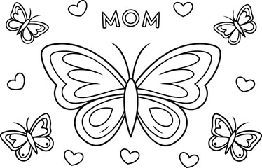 Outline Butterfly Grouping with Mom Text and Heart Icons on White Background