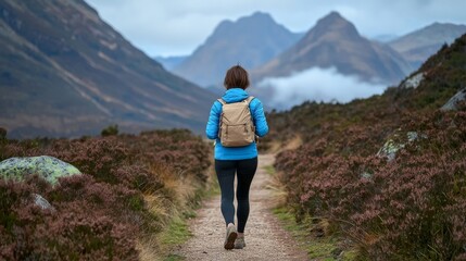 Naklejka premium Woman walking along a path in the mountains, exploring the scenic landscape