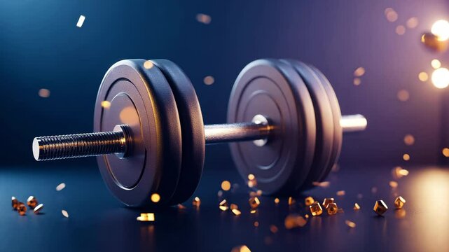 Dark, moody image of a dumbbell with gold confetti. Fitness goals!