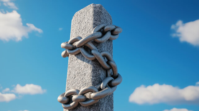 large broken chain draped over stone monument against clear blue sky symbolizes strength and resilience