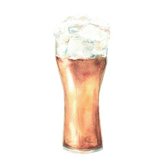 A glass of Beer. Foamy beer drinks, pint of light golden alcoholic beverage. Watercolor drawing illustration for Oktoberfest Germany festival card, sticker. Hand drawn isolated from background clipart
