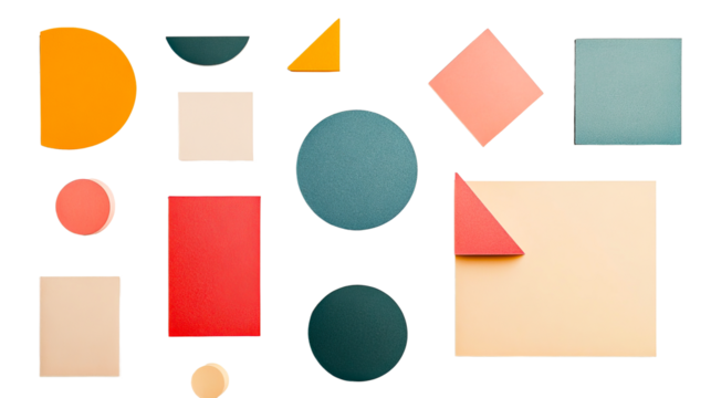 Geometric forms assorted arrangement on black surface, cut out transparent
