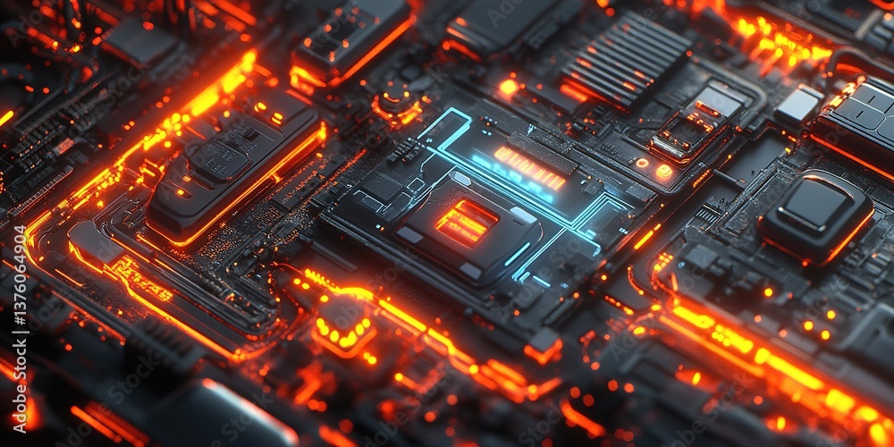Poster close-up view of a futuristic circuit board with glowing components in an abstract cyberpunk style