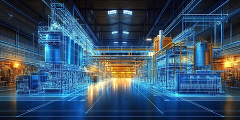 Digital blueprint of a modern industrial facility showcasing advanced manufacturing technology and equipment