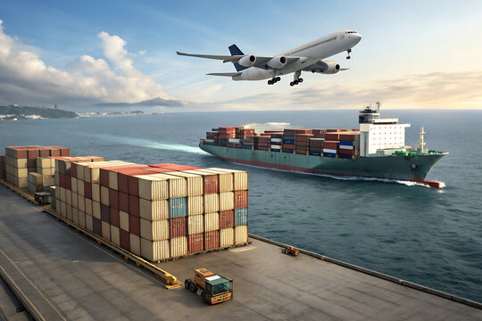 A cargo ship is sailing while a plane approaches for landing over the sea