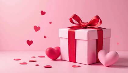 Pink gift box, red ribbon bow, hearts, confetti Pastel pink background Valentine's Day , holiday, hearts, image