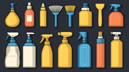 Collection of cleaning supplies including sprays, bottles, and brushes on a dark background