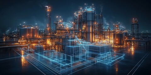 Futuristic industrial complex at night showcasing advanced technology and illuminating structures