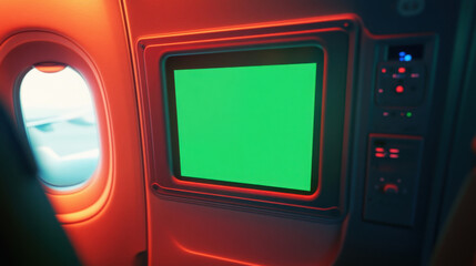 A green screen window inside an airplane, with the plane's sleek cabin and natural light shining through,A green screen on an aircraft window, capturing the light reflections from the airplaneâ€™s pol