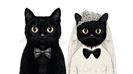 Black cats wedding couple portrait on dark background, cut out transparent