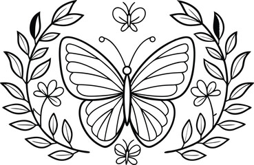 Fototapeta premium Butterfly with floral wreath design. Line art outline on transparent background