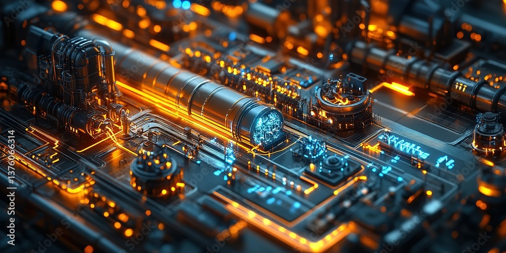 Poster intricate circuit board design with vibrant lights and complex connections in a futuristic setting