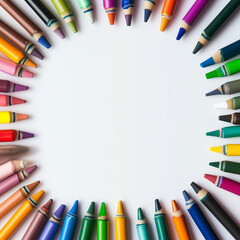 Fototapeta premium Colorful Crayons in Circular Arrangement. Social Media background for National Crayon Day