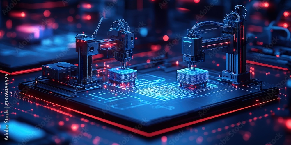 Poster advanced robotics performing precision tasks on microchips in a high-tech laboratory environment