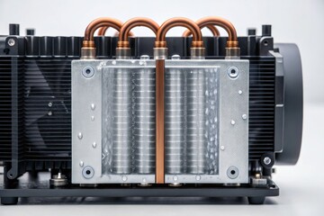 Quantum computing transforms cryptography security concept. Cooling system component with metallic pipes and water droplets, showcasing technology design.