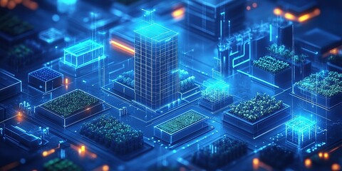 Futuristic cityscape with glowing buildings and greenery showcased in urban layout during nighttime exploration
