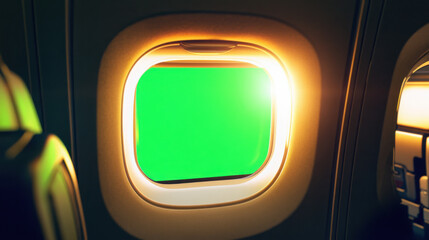 A green screen window inside an airplane, with the plane's sleek cabin and natural light shining through,A green screen on an aircraft window, capturing the light reflections from the airplaneâ€™s pol