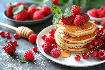 Delicious fluffy pancakes with fresh berries and honey on a white plate against a grey backdrop
