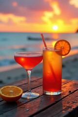 Obraz premium Sunset cocktails, ripe orange slices, old wood beach table , citrus, refreshing, leisure
