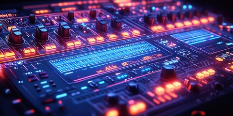 Obraz premium Electronic music production setup with illuminated controls and vibrant visual displays at a studio