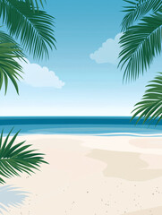 Tropical Beach Scene with Palm Leaves. Social Media background for National Virtual Vacation Day