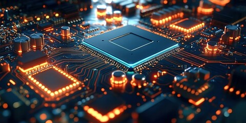 Close-up view of a circuit board illuminated by glowing components and modern technology