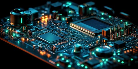 Obraz premium Close-up view of a colorful circuit board with illuminated components showcasing modern technology and intricate design