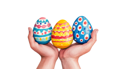 Painted Easter Eggs in Hand, Decorated Holiday Eggs, cut out transparent