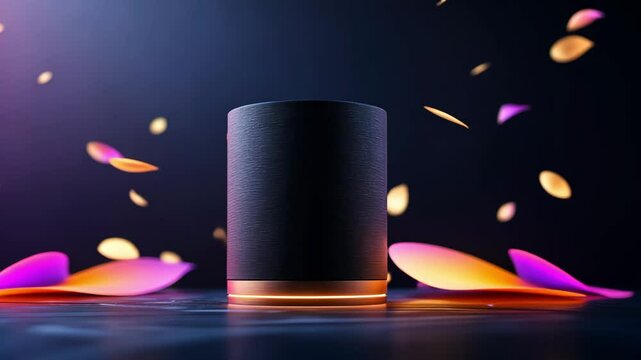 Sleek black speaker with gold accents, surrounded by floating petals in a dark setting.