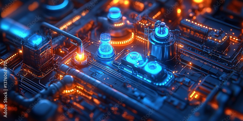 Poster futuristic circuit board with glowing components and intricate pathways in a high-tech environment