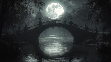Moonlit stone bridge over canal, park at night, fantasy