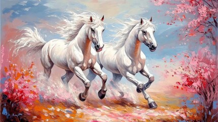 Happy white horses galloping in a floral field - painting style illustration of two horses