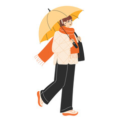 Flat Style Illustration of a Woman in a Quilted Jacket Holding a Yellow Umbrella, Stylish Autumn Look
