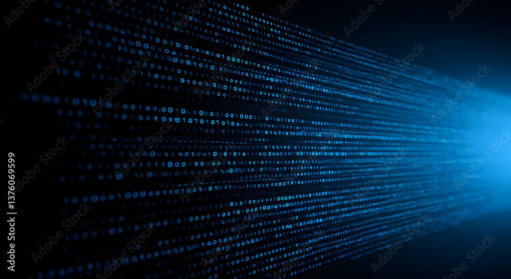 Poster Abstract Digital Data Stream Blue Binary Code Flowing into Light